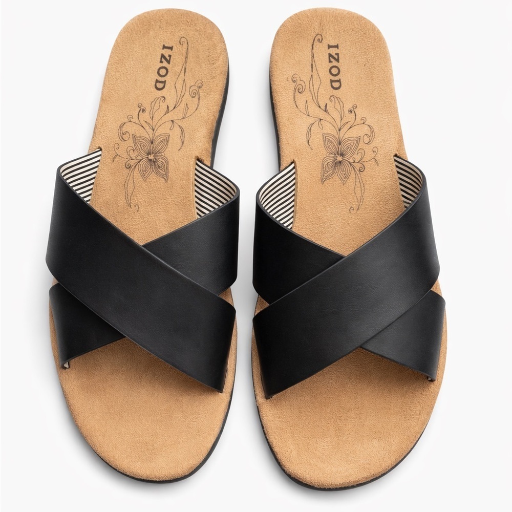 Izod Alyssa Black Crisscross Slide Sandals Women’s 10 NEW No Tags Comfort - Picture 2 of 4
